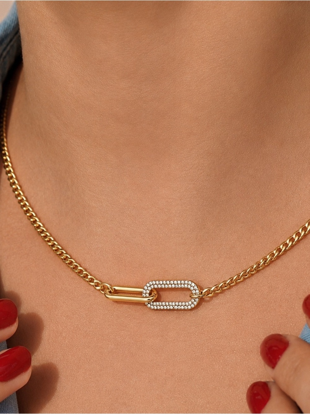Interlocking Necklace 14K Gold Plated CZ Stones Adjustable Chain Tarnish Free